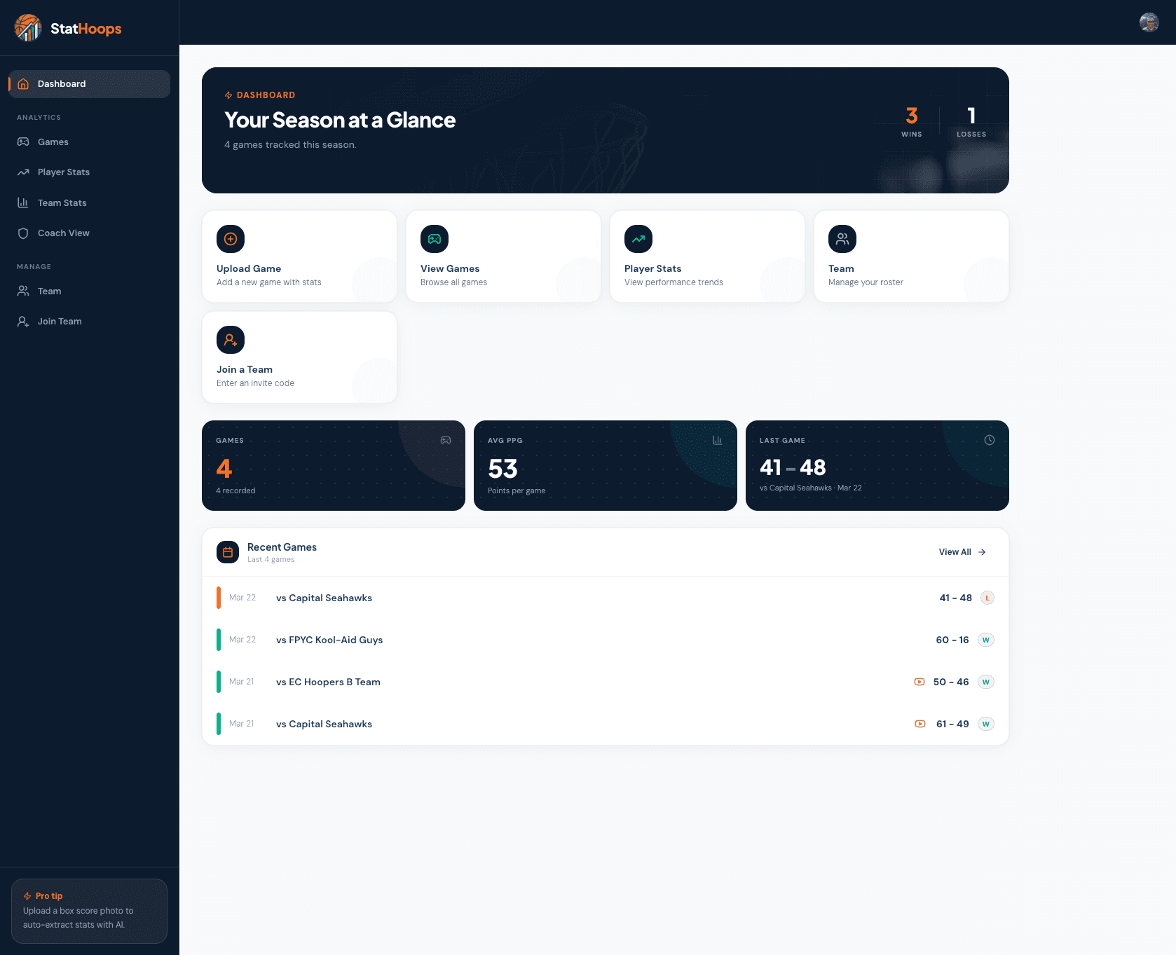 StatHoops dashboard showing team analytics and stats