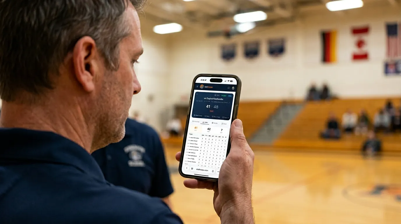 Coach reviewing StatHoops box score with player stats on their phone courtside in a gymnasium